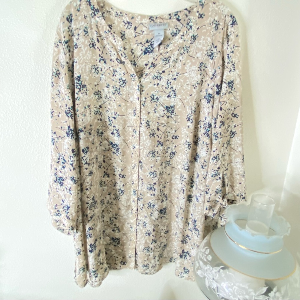 Catherine’s Beige Floral Button-Front Blouse Womens Size 2X